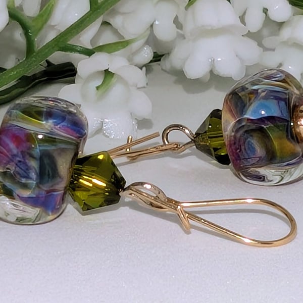 Lampwork Glass Bead Earrings: Soft Mauve and Green, Gold Filled Earwires