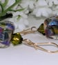 Lampwork Glass Bead Earrings: Soft Mauve and Green, Gold Filled Earwires