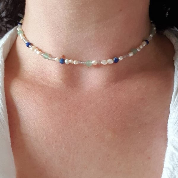 Mixed gemstone beaded choker necklace