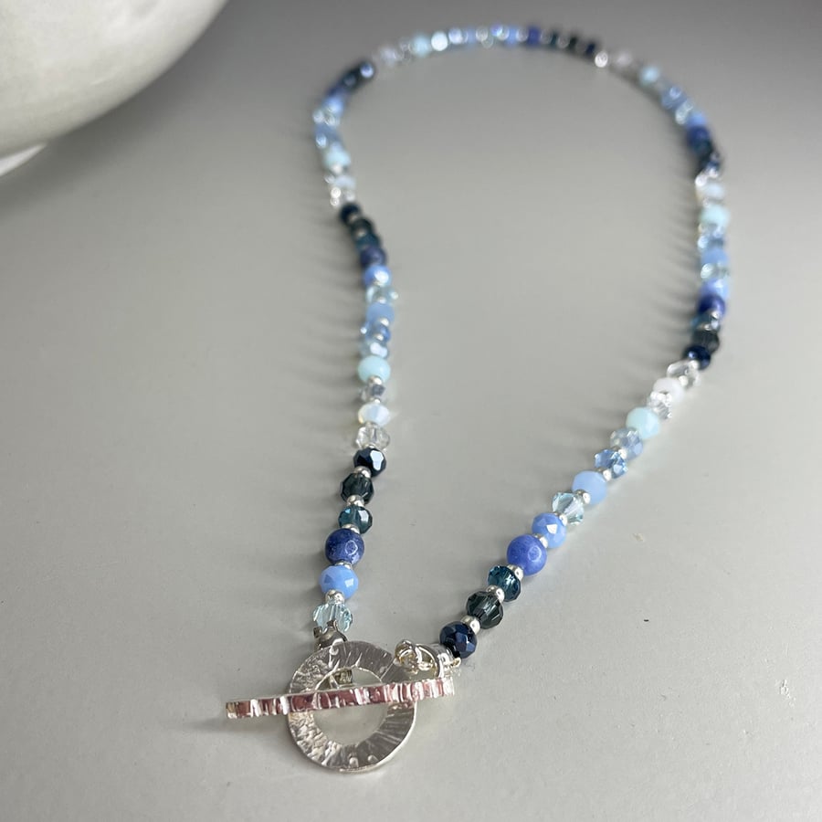 Sterling silver mixed blue tone beaded necklace 