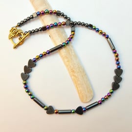 Hematite Hearts And Rainbow Hematite Necklace - Handmade In Devon.