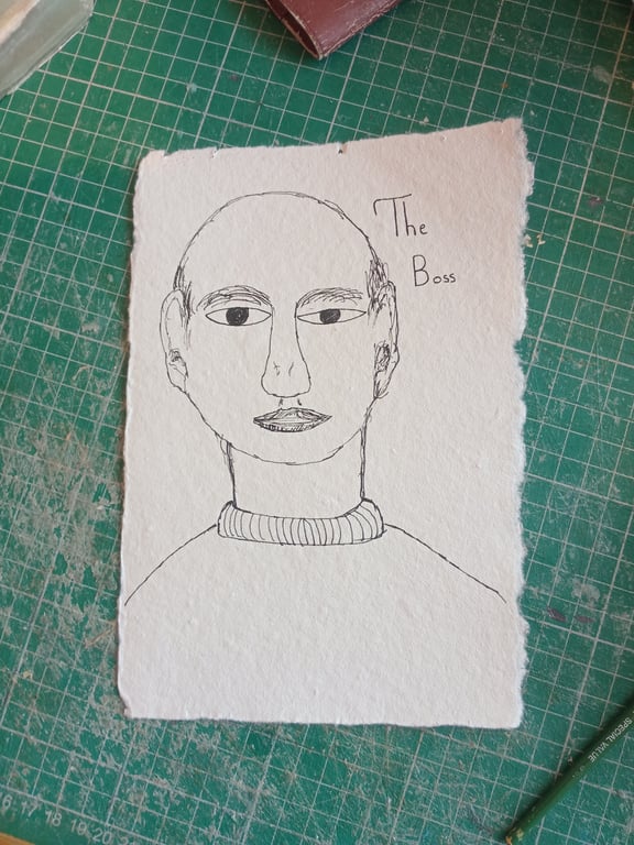 Original pen and ink naive expressionist drawing. A5 handmade torn cotton rag