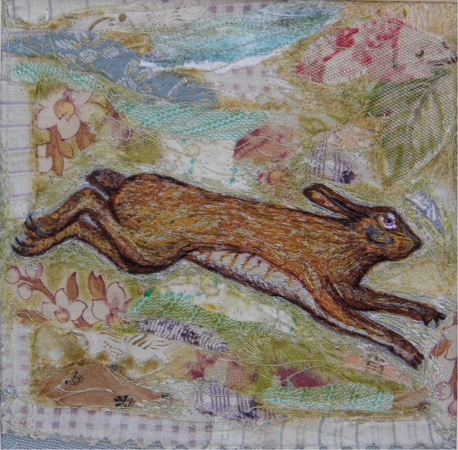 Running Hare - Original Embroidery Collage