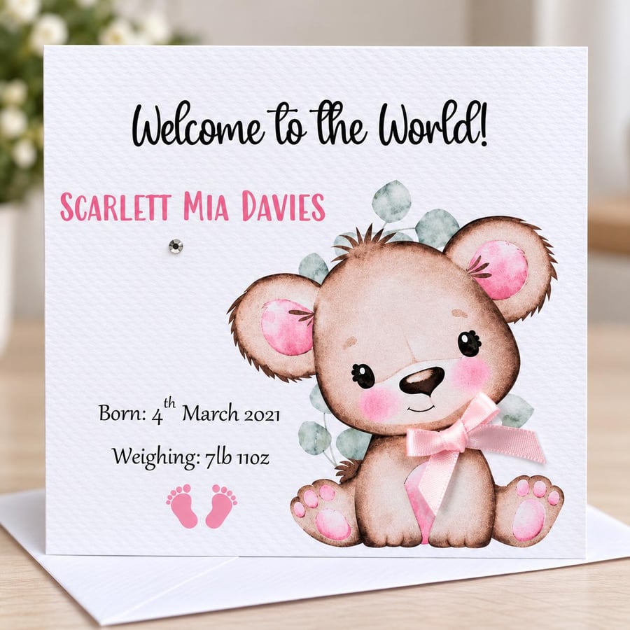 Personalised Baby Girl Welcome Card - Cute Teddy Bear New Baby Card