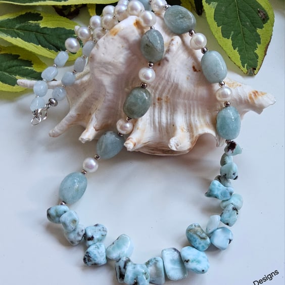 Designer Larimar, Aquamarine & Culture Pearls Sterling Silver Necklace