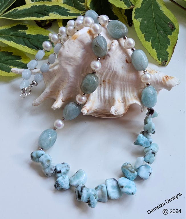 Designer Larimar, Aquamarine & Culture Pearls Sterling Silver Necklace