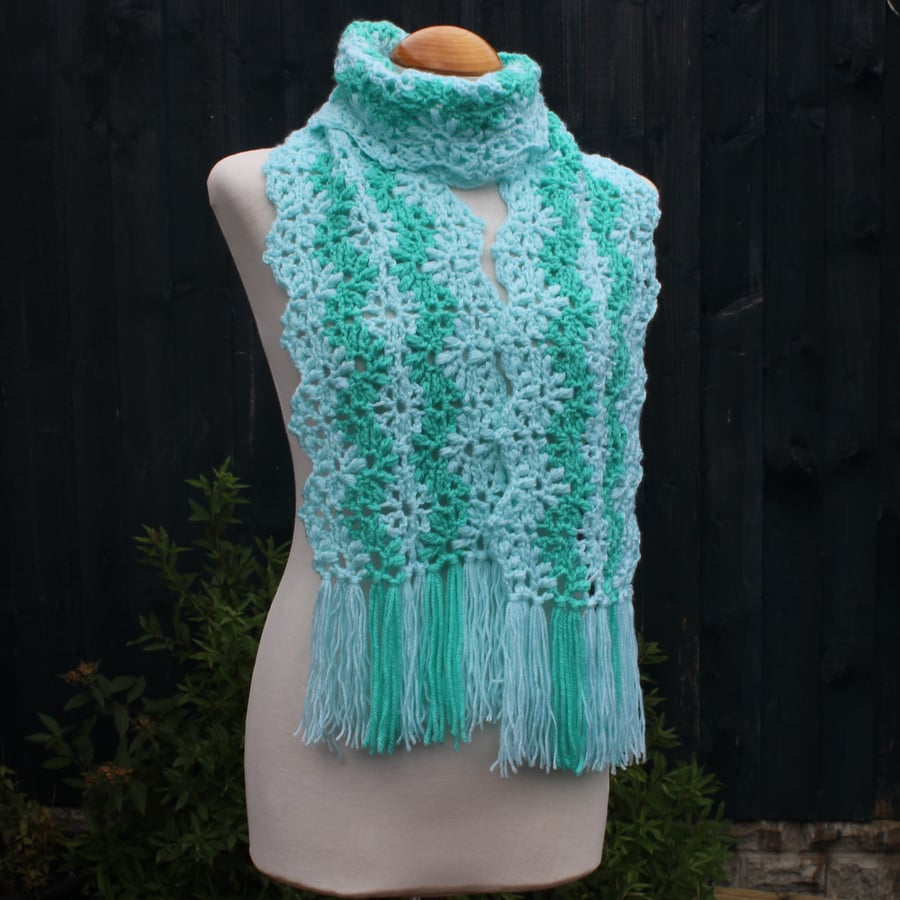 Crochet Stripey Scarf in Aqua and Aspen