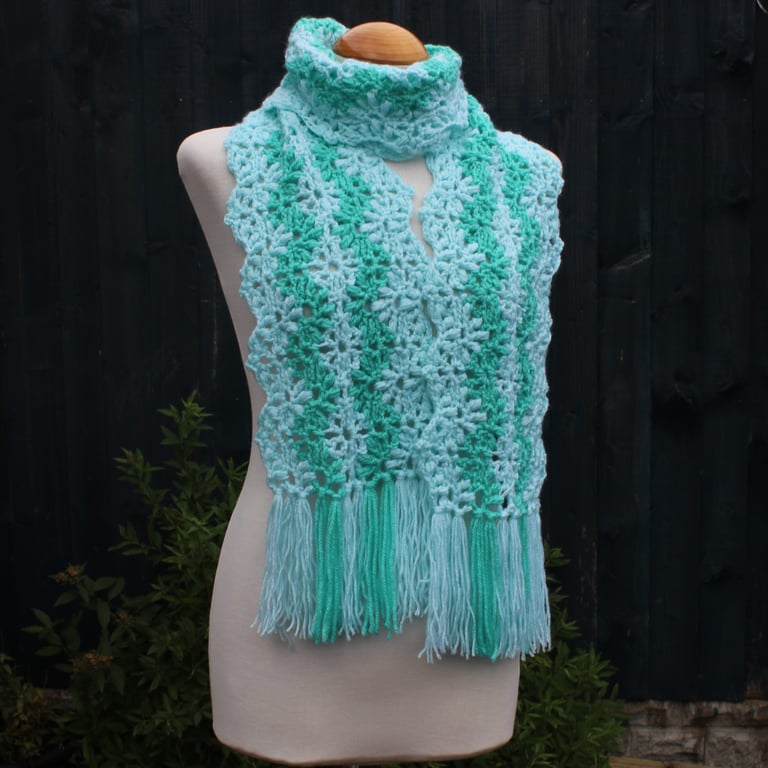 Crochet Stripey Scarf in Aqua and Aspen