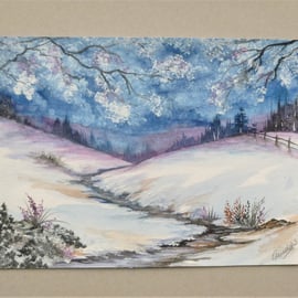 original art watercolour snowscene landscape painting ( ref F 571,B2 )