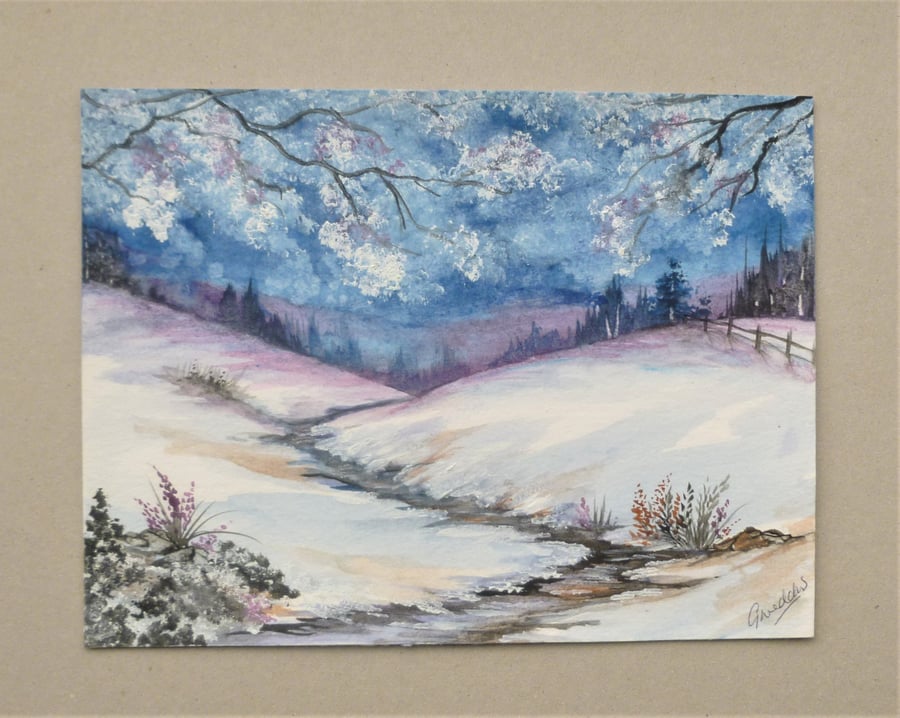 original art watercolour snowscene landscape painting ( ref F 571,B2 )