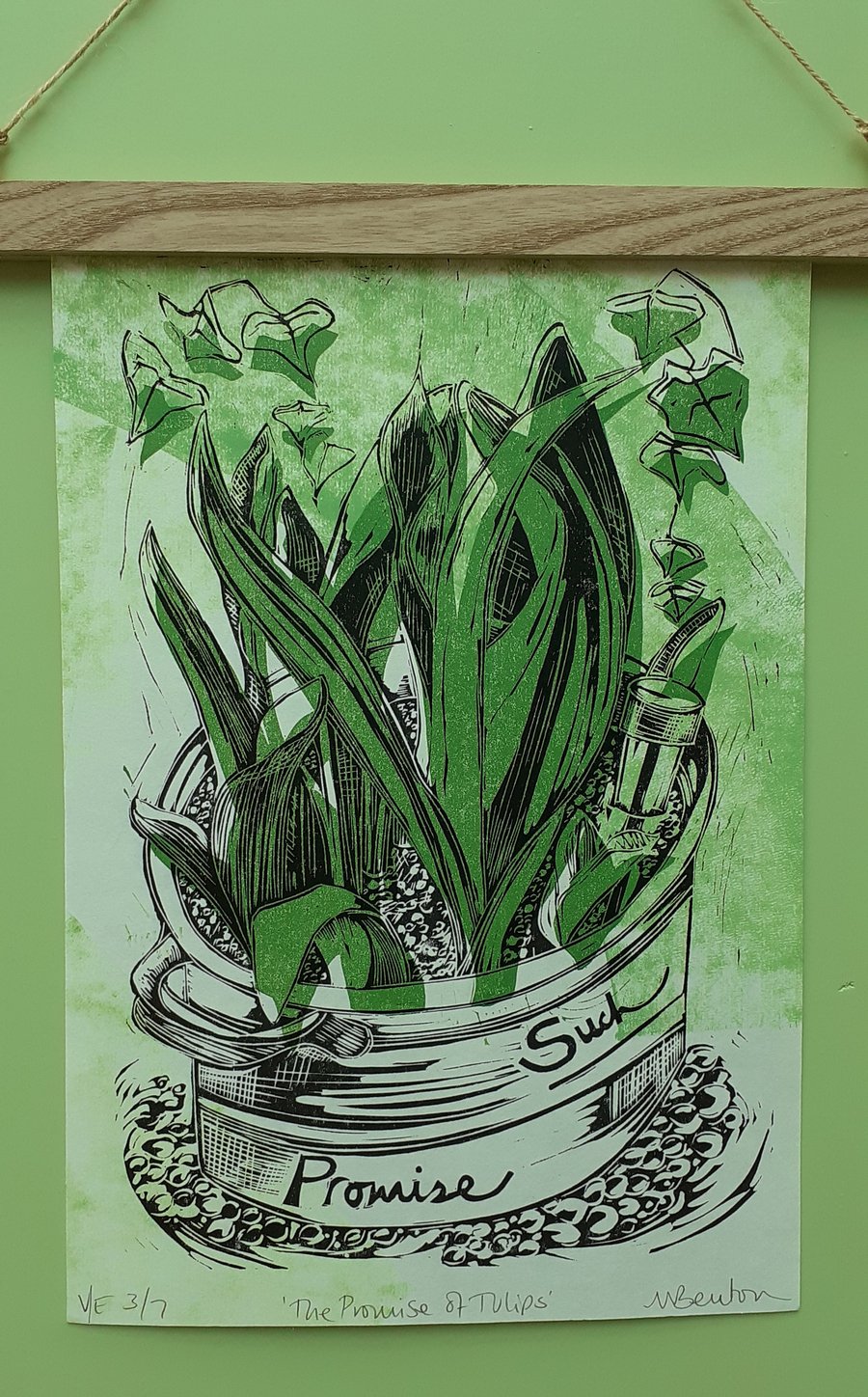 'The Promise of Tulips', Two Block Lino Print over Green (VE no.3 of 7)