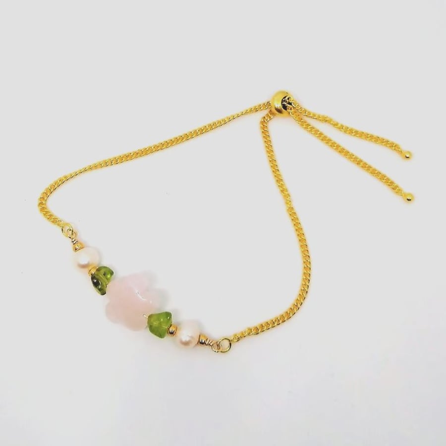 Rose Quartz Flower and Pearl Gold Plated  Chain Slider Bracelet