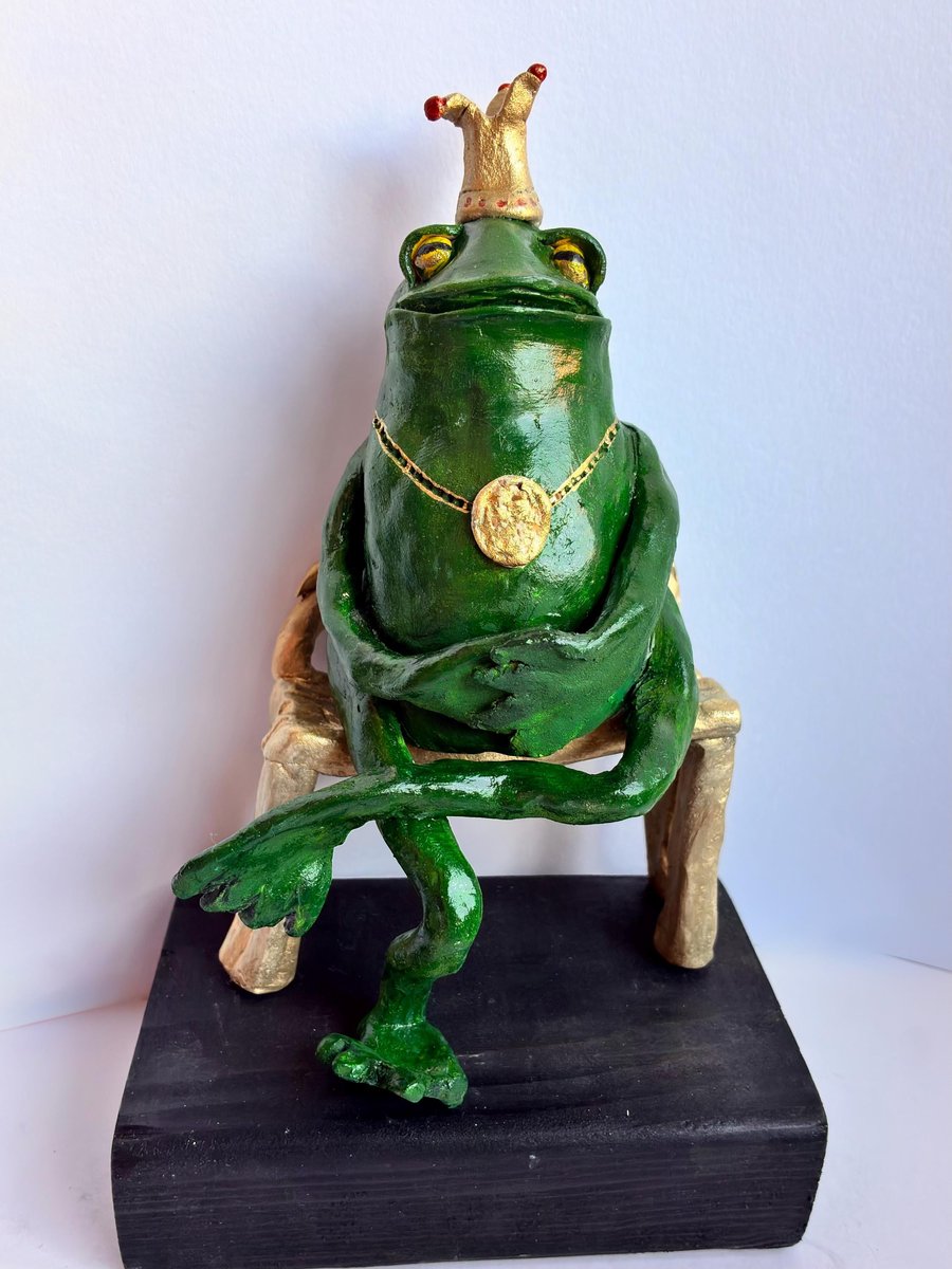 Handmade Ceramic Frog Prince Sculpture Quirky Animal Ornament, Unique Fun Gift, 
