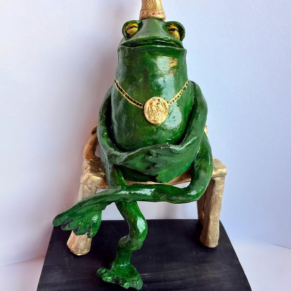 Handmade Ceramic Frog Prince Sculpture Quirky Animal Ornament, Unique Fun Gift, 