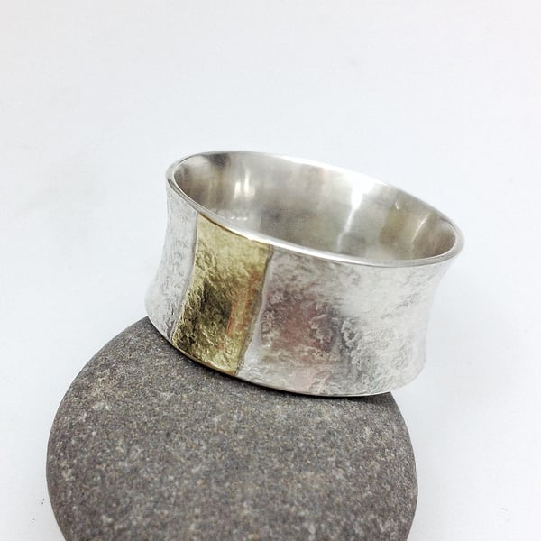 Silver and 18ct gold wide ring UK size R