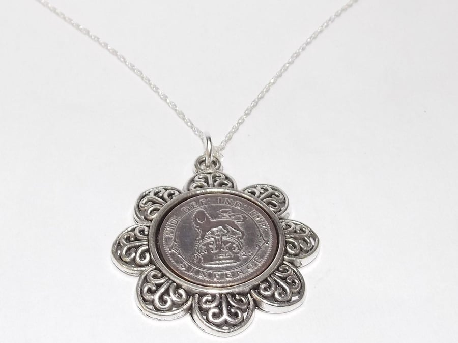 Floral Pendant 1926 Lucky sixpence 94th Birthday plus a Sterling Silver 18in Cha