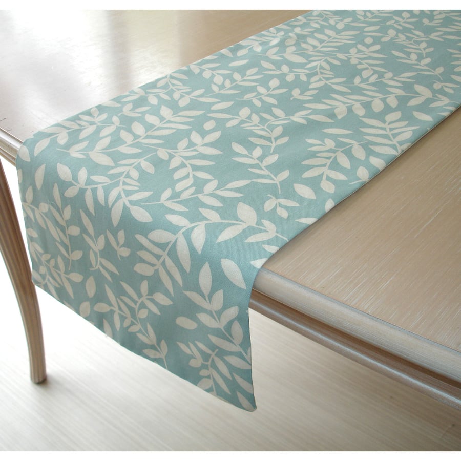 Table Runner 4ft Duck Egg Blue Leaves 48" Coffee Console Piano Runner