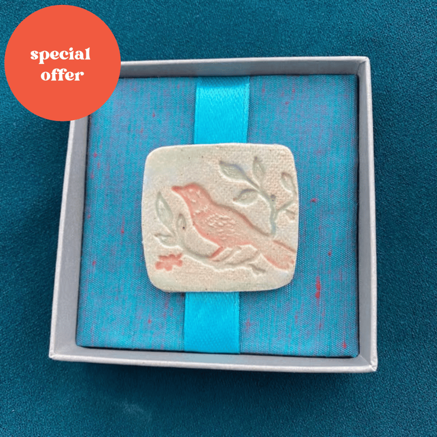 bird brooch - Small square ceramic brooch, badge. gift boxed. 