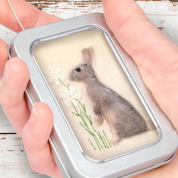 Rabbit, Little fabric rabbit picture framed in a tin, gift, ornament