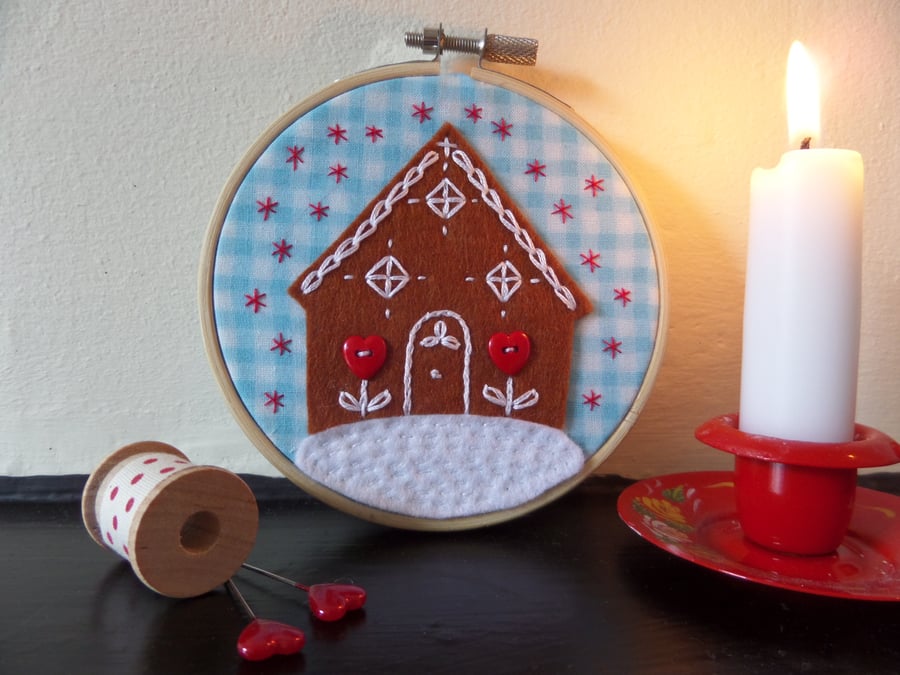 Embroidered Gingerbread House Hoop Art