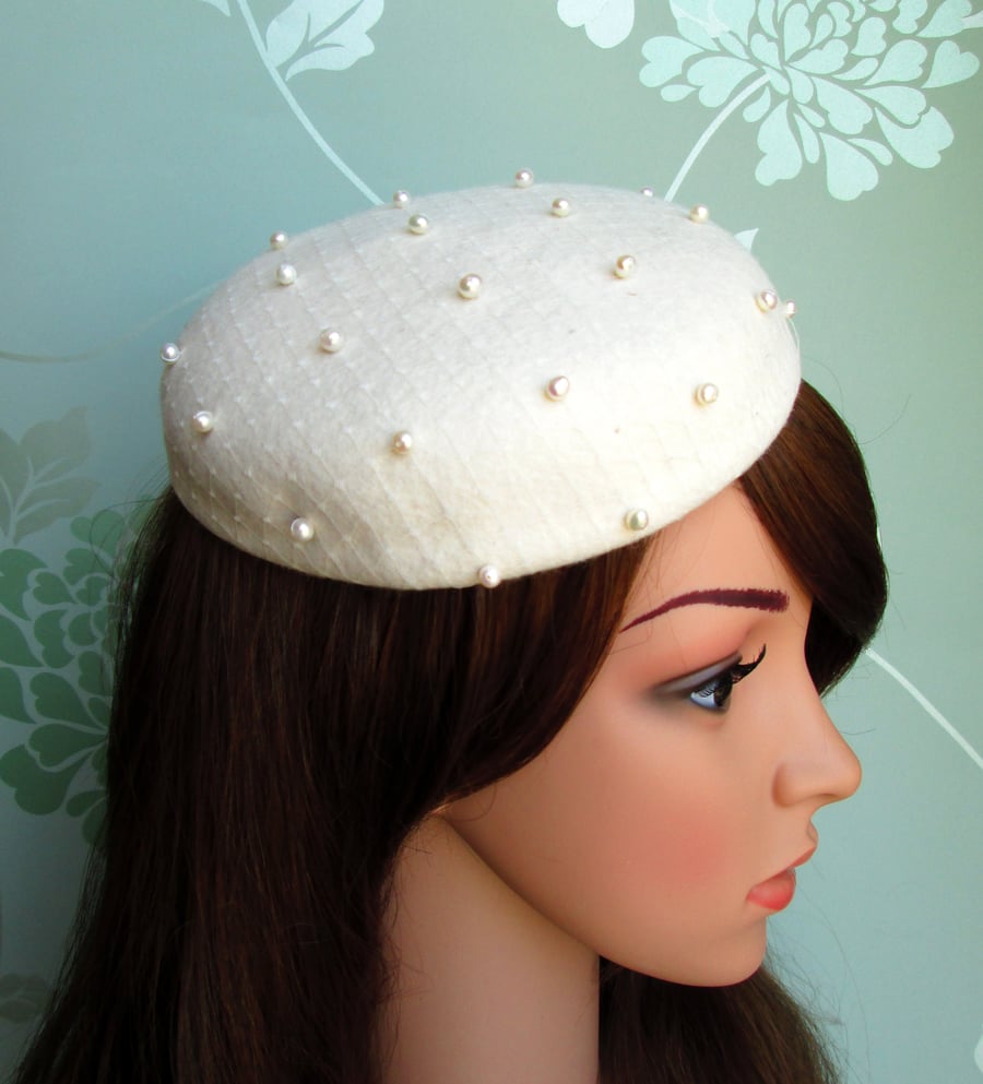 Cream Wedding Hat - Bridal Hat, Formal Hat, Cream Felt Perch Hat, Handmade