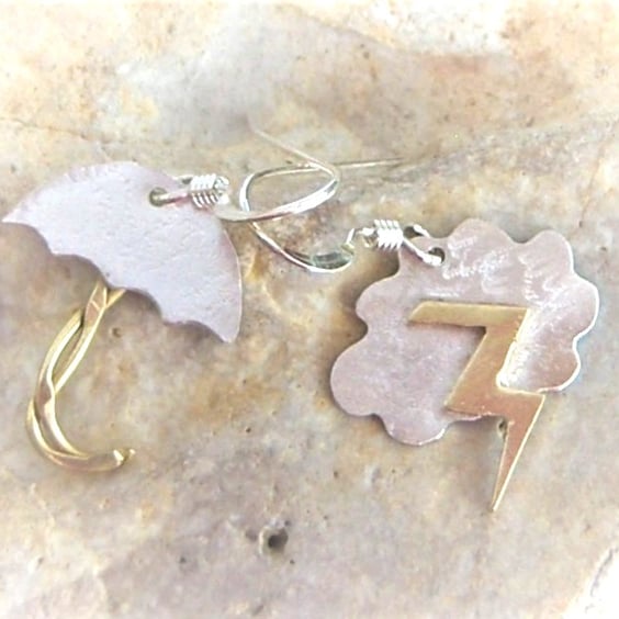 Umbrella, Cloud & Lightning earrings in sterling silver and brass