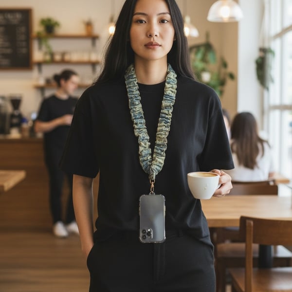 Handcrafted scrunchie-style lanyard