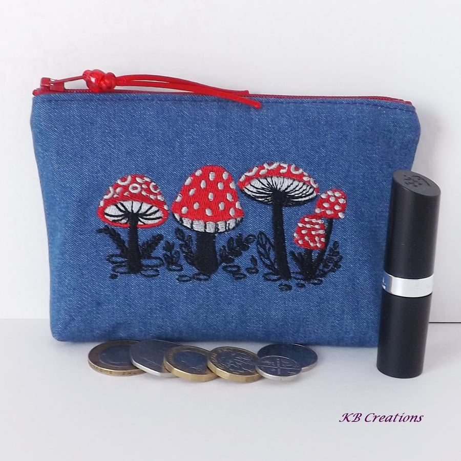 Embroidered coin purse, denim purse, make up bag, mushrooms