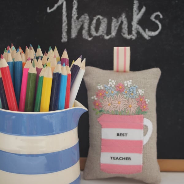 Pink 'Best Teacher' stripy hand-embroidered lavender bag