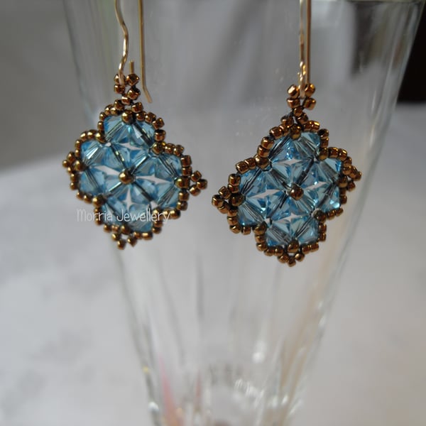 Aqua Crystal and Seed bead Earrings