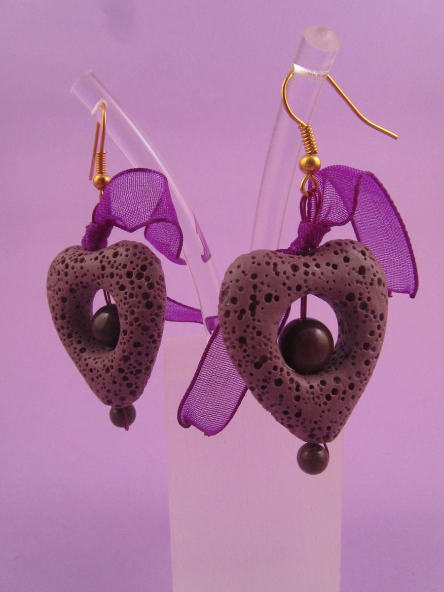 Purple Lava Rock and Aventurine Heart Dangle Earrings