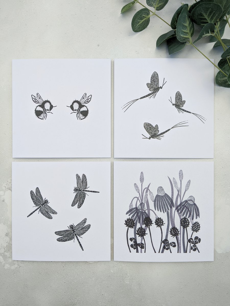 Flying insect and meadow flower note cards, pack of 4