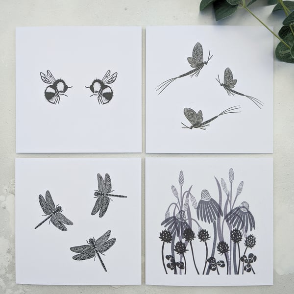 Flying insect and meadow flower note cards, pack of 4