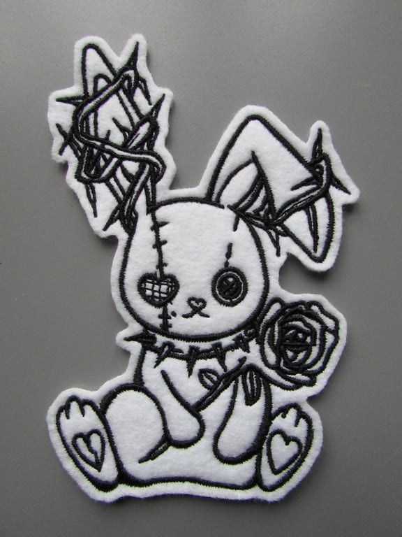 White Goth Bunny Embroidered Sew on Applique Patch