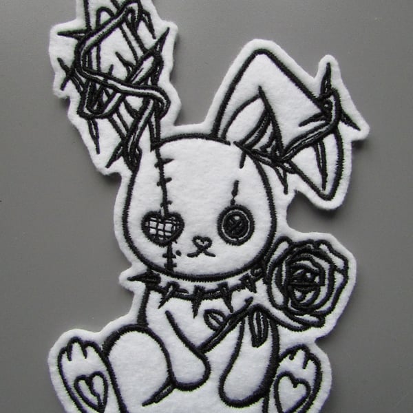White Goth Bunny Embroidered Sew on Applique Patch