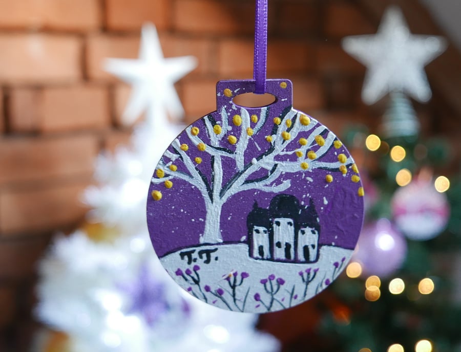 Purple Decoration for Christmas, Winter Landscape Painting, Rustic Ornament