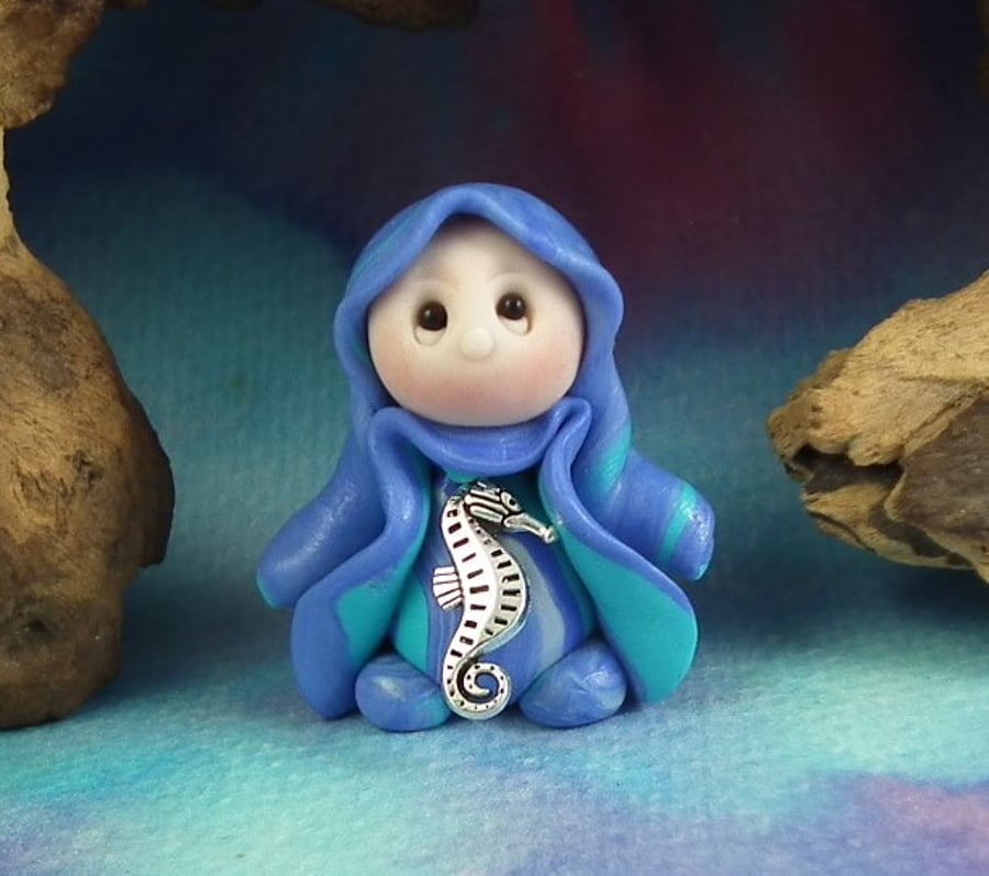 Spring Sale ... Tiny Magical Gnome 'Joni' with seahorse  OOAK Sculpt