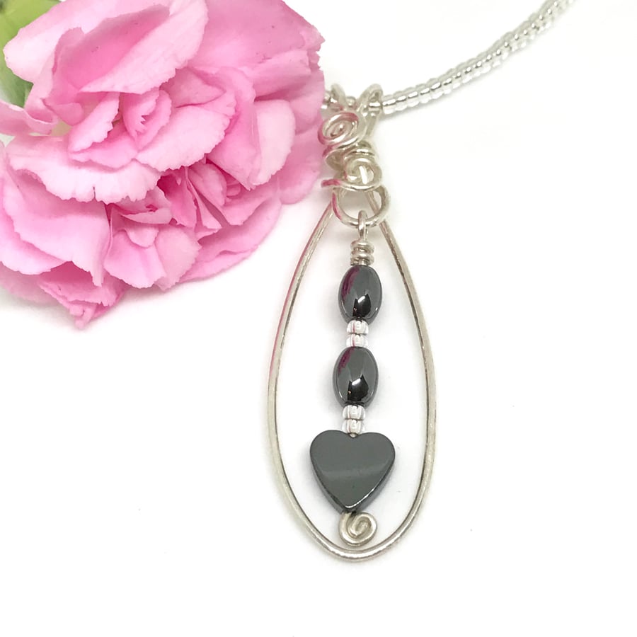 Sterling Silver Hematite Heart Pendant, Gift For Her