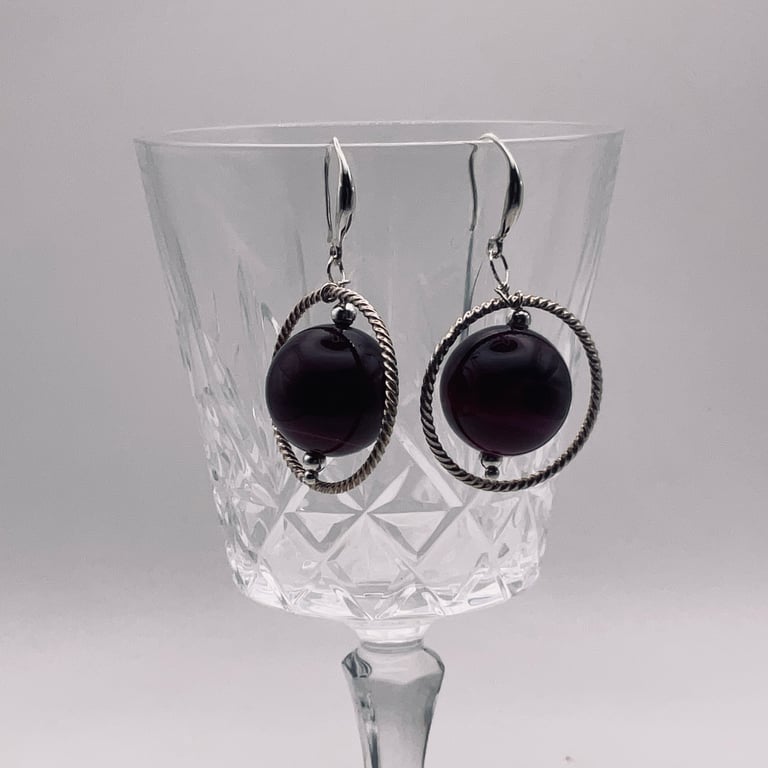 Economy large beaded hooped burgundy agate earrings