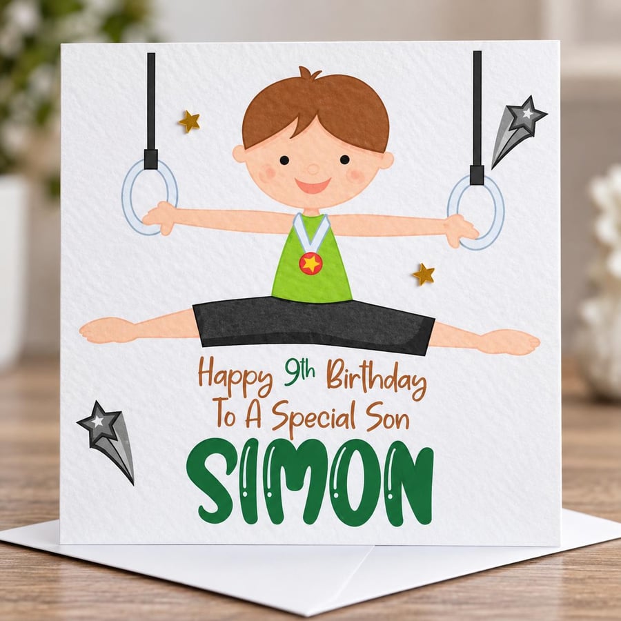 Personalised Boys Gymnastics  Birthday Card-Custom Name and Age-Gymnast Card
