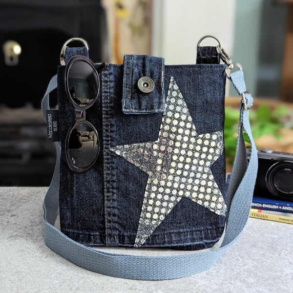 Denim Bag Mini Cross Body Jeans Bag with Sparkly Silver Star Motif (P&P inc)