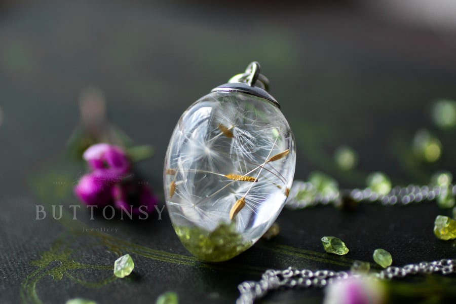 Peridot and Dandelion Wish Necklace Dandelion Seed Necklace Raw Stone Necklace D