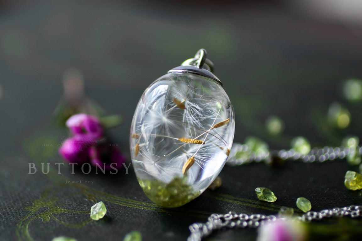 Peridot and Dandelion Wish Necklace Dandelion Seed Necklace Raw Stone Necklace D