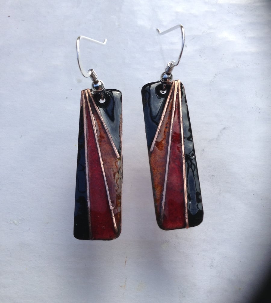 Deco style enamelled copper earrings