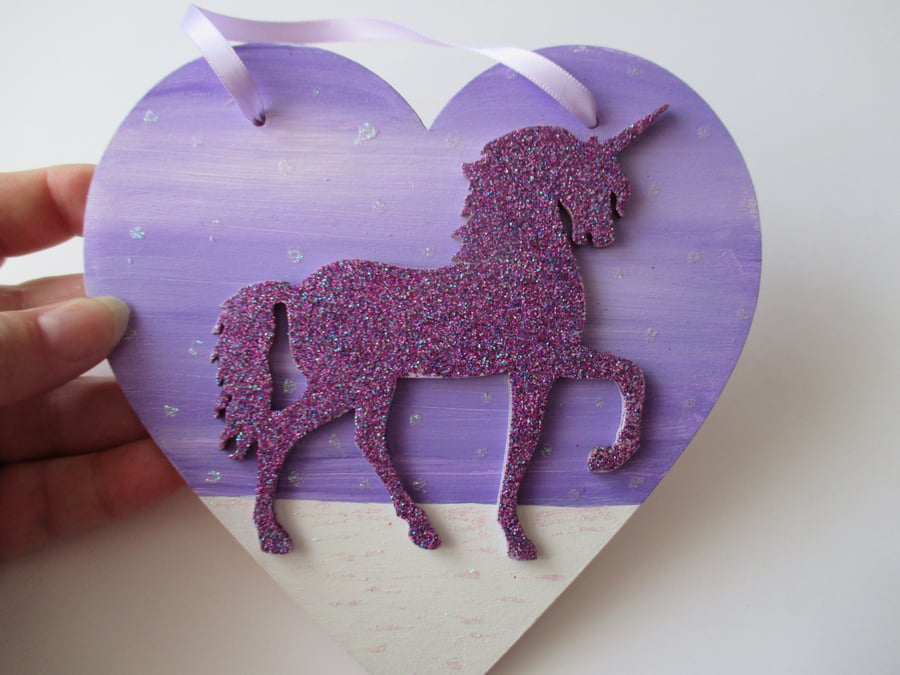 Unicorn Love Heart Hanging Decoration Purple Lilac White Twinkly Glittery Wood 