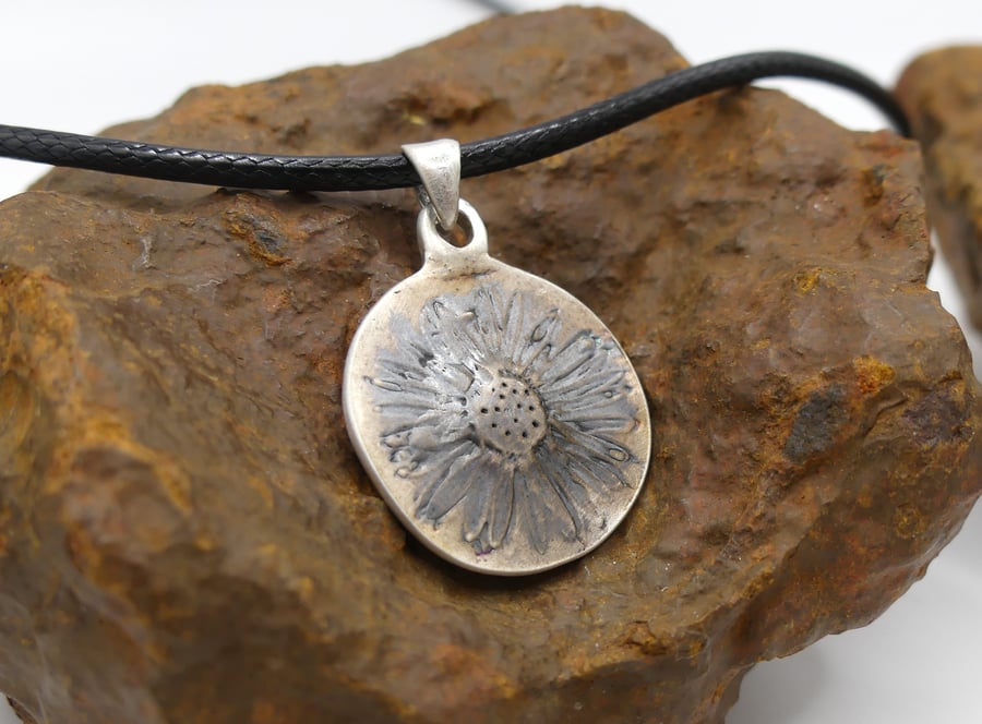 Recycled Sterling Silver Real Daisy Flower Mould Pendant Waxed Cotton Necklace.
