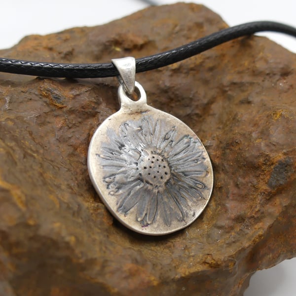 Recycled Sterling Silver Real Daisy Flower Mould Pendant Waxed Cotton Necklace.