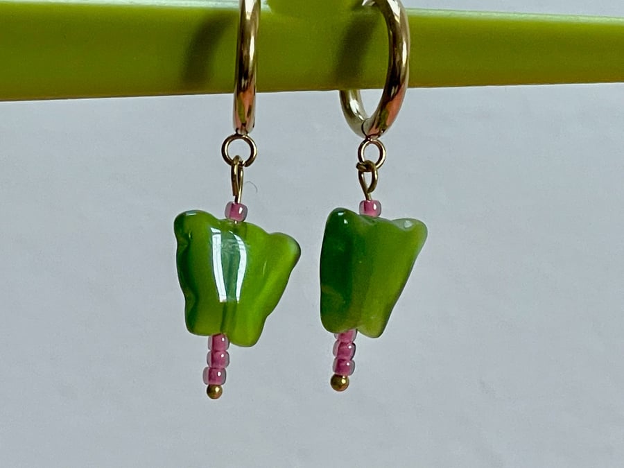 Green cat's eye huggie butterfly hoops pink toho beads gold tone