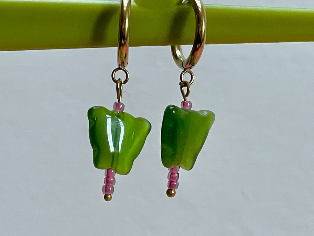 Green cat's eye huggie butterfly hoops pink toho beads gold tone