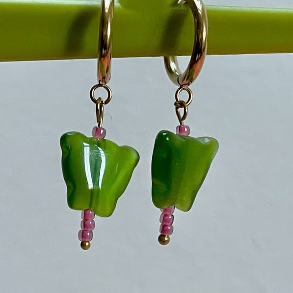 Green cat's eye huggie butterfly hoops pink toho beads gold tone
